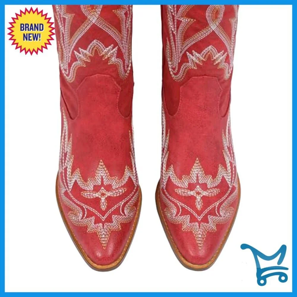 Thigh High Cowboy Boots Pointed Toe Chunky Heel Side Zip Western